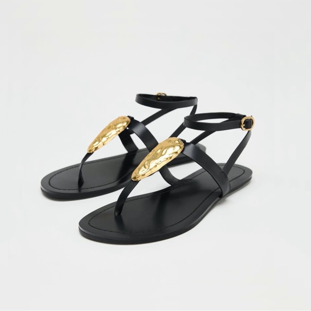 Zara Flat Black Sandals with Gold Metallic Piece 7½